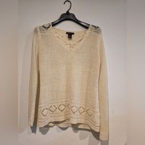 BCBG MAXAZRIA Cream Mesh Crochet Knit Sweater Top Sz XL Long Sleeves Sheer